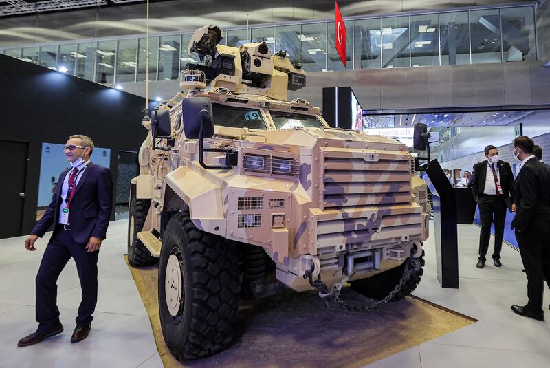 A Turkish-built BMC Kirpi mine-resistant ambush protected vehicle on display at the Doha International Maritime Defence Exhibition in Qatar's capital.
