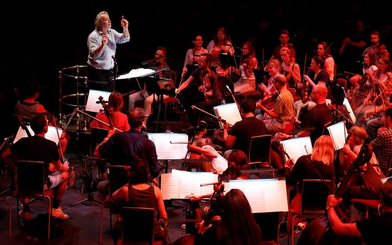 Nicholas Dodd conducts the Albert's Orchestra during a dress rehearsal of the 150th Anniversary Concert: David Arnold's 'A Circle of Sound', at the Royal Albert Hall in London, Britain, July 19, 2021
