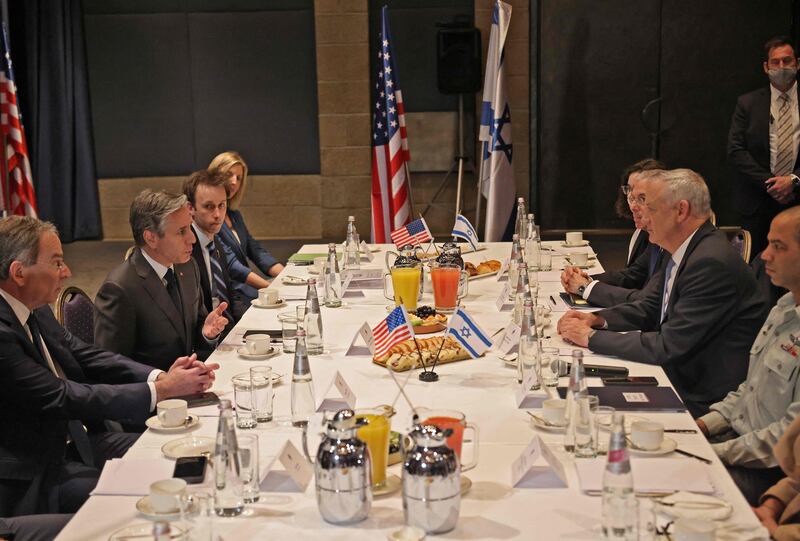 Israeli Defence Minister Benny Gantz, right, meets Mr Blinken in Jerusalem ahead of the Negev Summit. AFP