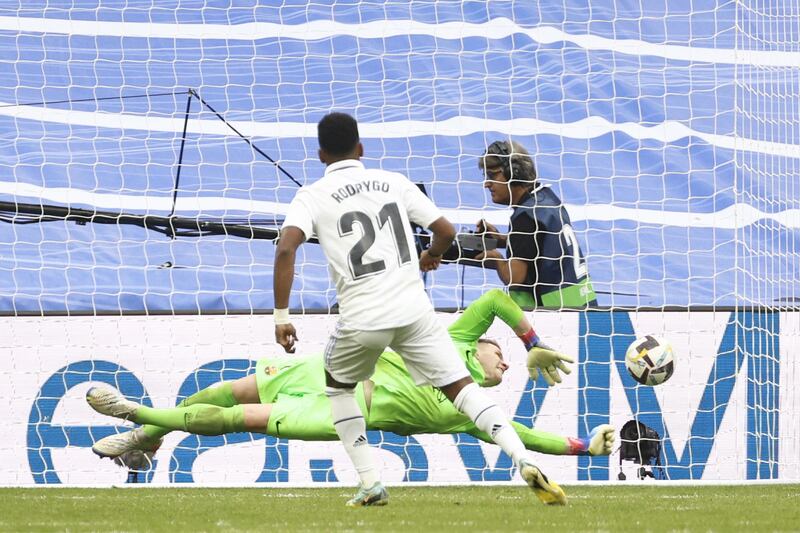 Real Madrid's Rodrygo scores the third goal. EPA