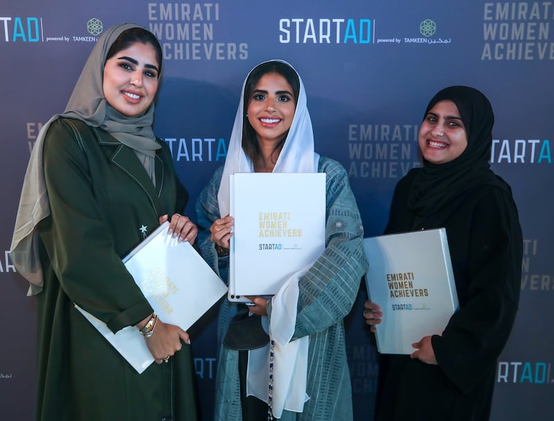 Fatima Abdulrahman, Eman Al Mughairy and Hamda Al Ansari at the Emirati Women Achievers book launch. All photos: Victor Besa / The National