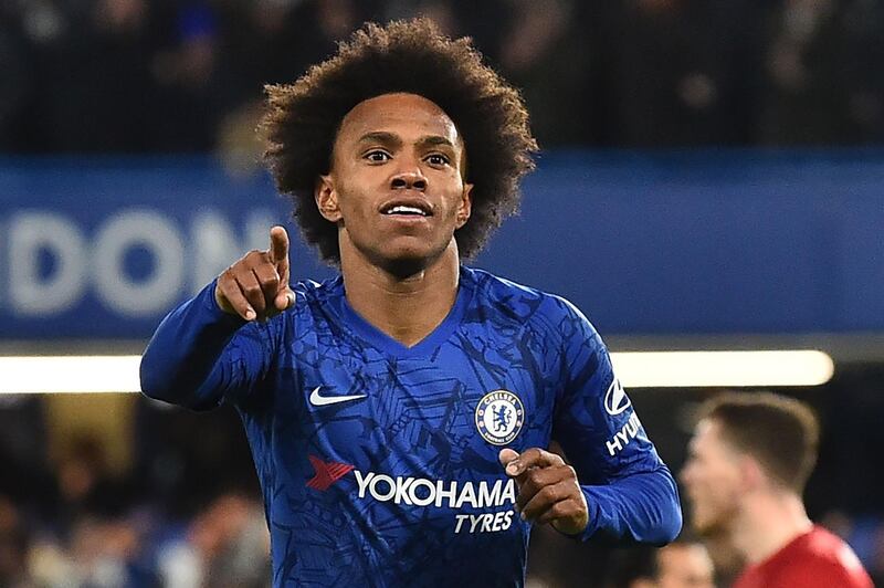 Willian celebrates scoring against Liverpool in the FA Cup. AFP