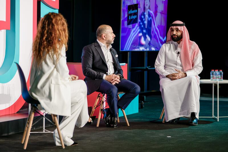 Akef Aqrabawi (middle), president of Injaz Al-Arab, and Talal Al Fayez (right), TikTok’s head of public policy for the Middle East, North Africa and Turkey region, launched the 'Are you future ready?' campaign in Dubai on Tuesday. Photo: TikTok
