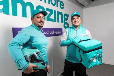  Deliveroo awards top UAE riders up to 45,000Aed to celebrate the company going live on the stock market earlier this year. Riders (LtoR) Muhammad Khurram, 35 Pakistan and  Muhammad Zeeshan Ali, 35 Pakistan, on May 4th, 2021. 
Antonie Robertson / The National.
Reporter: Kelly Clarke for National