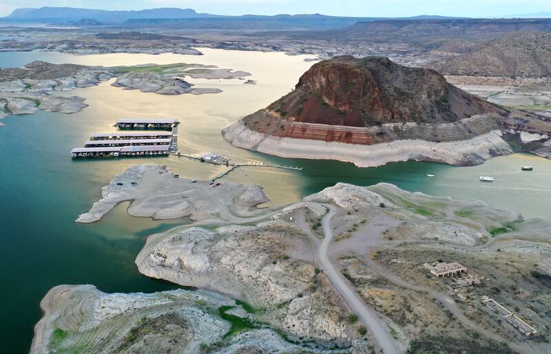 A 'bathtub ring' of mineral deposits left by higher water levels at the drought-stricken Elephant Butte Reservoir, New Mexico. AFP

