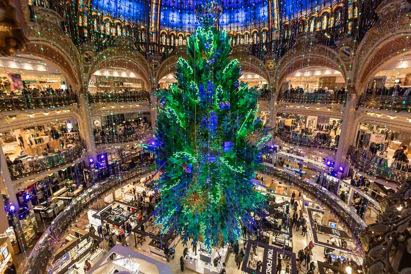 The traditional giant Christmas tree at Galeries Lafayette department store in Paris. EPA