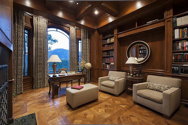 The wood-panelled library.