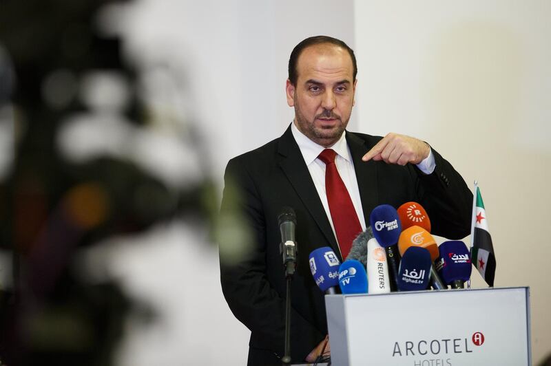 epa06471757 Head of Syrian opposition delegation Nasr Hariri speaks during a press statement in Vienna, Austria, 24 January 2018. Nasr Hariri is in Vienna for a new round of Syrian peace talks on 25 and 26 January at the United Nations (UN) seat Vienna.  EPA/FLORIAN WIESER