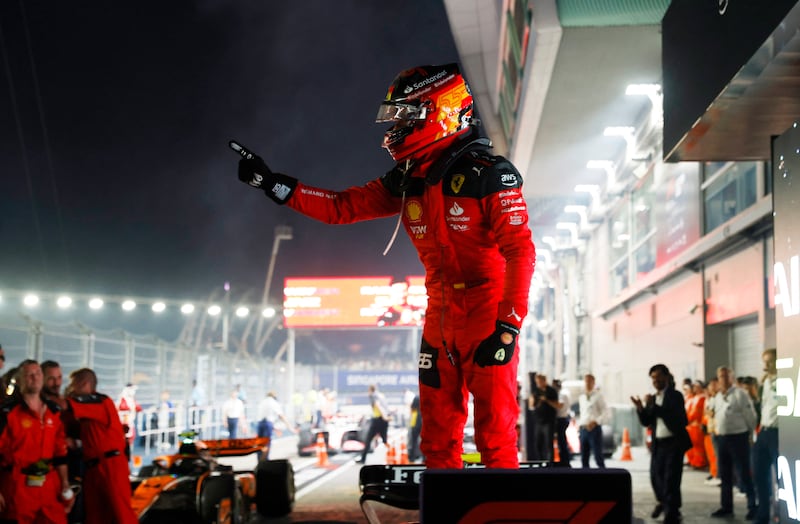 Ferrari's Carlos Sainz Jr. celebrates after winning the Singapore Grand Prix. Reuters
