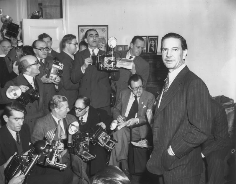 Harold 'Kim' Philby, former First Secretary of the British Embassy in Washington, is the subject of a new book. Pictured here at a press conference in response to his involvement with defected diplomats Burgess and McLean, at his brother's home in Drayton Gardens, London, 1955. Getty Images