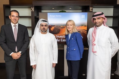 From left, Patrick Delivanis, co-head of Mena at Morgan Stanley, Ahmed Al Zaabi, chairman of ADGM, Clare Woodman, head of Europe, Middle East and Africa at Morgan Stanley, and Abdulazız Alajajı, co-head of Mena at Morgan Stanley. Antonie Robertson / The National