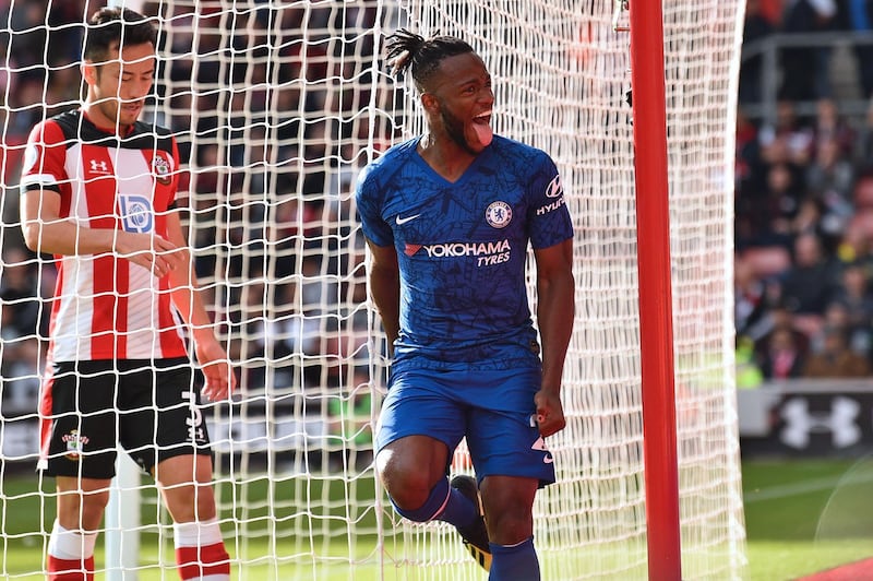 Chelsea's Belgian striker Michy Batshuayi celebrates after scoring their fourth goal during the English Premier League football match between Southampton and Chelsea at St Mary's Stadium in Southampton, southern England on October 6, 2019. Chelsea won the game 4-1. - RESTRICTED TO EDITORIAL USE. No use with unauthorized audio, video, data, fixture lists, club/league logos or 'live' services. Online in-match use limited to 120 images. An additional 40 images may be used in extra time. No video emulation. Social media in-match use limited to 120 images. An additional 40 images may be used in extra time. No use in betting publications, games or single club/league/player publications.
 / AFP / Glyn KIRK                           / RESTRICTED TO EDITORIAL USE. No use with unauthorized audio, video, data, fixture lists, club/league logos or 'live' services. Online in-match use limited to 120 images. An additional 40 images may be used in extra time. No video emulation. Social media in-match use limited to 120 images. An additional 40 images may be used in extra time. No use in betting publications, games or single club/league/player publications.
