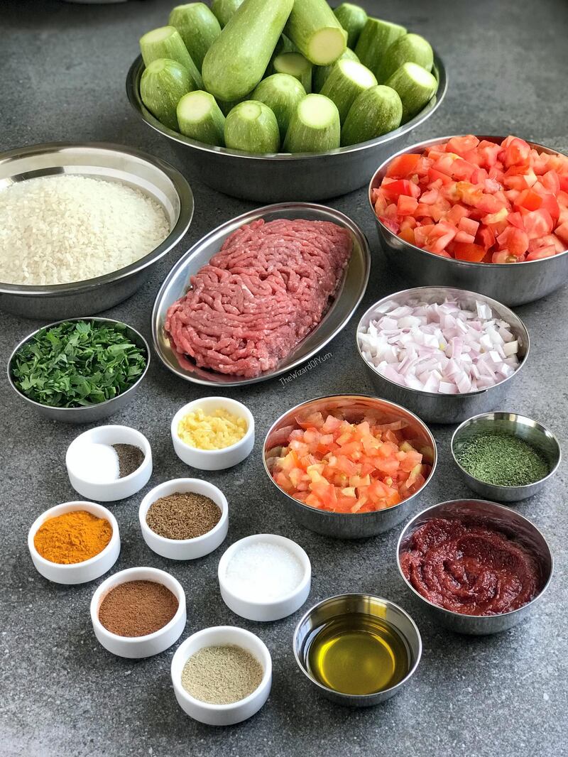 The ingredients used for kousa mahshi, stuffed courgettes. Courtesy Maie Jeneidi / Table Tales