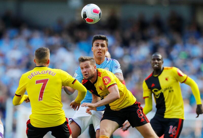 Manchester City's Rodri in action with Watford's Tom Cleverley. Reuters