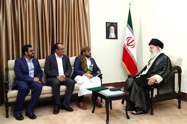 Ibrahim Al Dailami (far left) listens as Iranian supreme leader Ayatollah Ali Khamenei (R) talks to Mohammed Abdul Salam, the spokesman of Yemen's Houthi in Tehran. AFP, HO