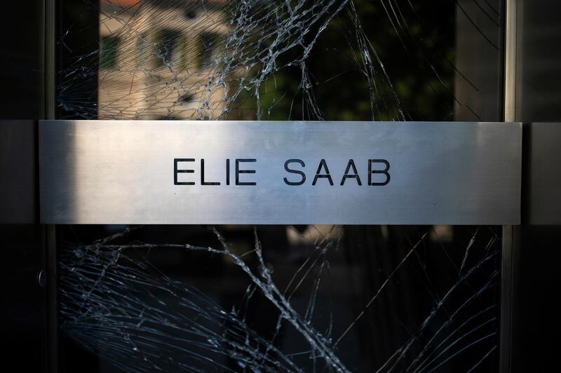 A view of the ruined entrance of the headquarters of Elie Saab.