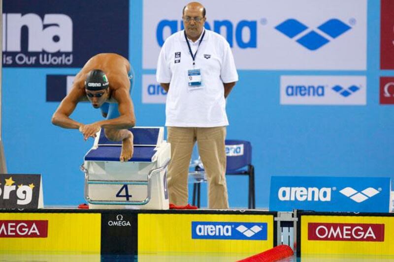 October 07. Samuel Pizzetti (ITA) dives in off the blocks at the start of the mens 400m Freestyle and won the race at the Fina/Arena Swimming World Cup 2011 held at the Hamdan bin Mohammed Al Rashid Sport Complex. October 07, Dubai, United Arab Emirates (Photo: Antonie Robertson/The National)