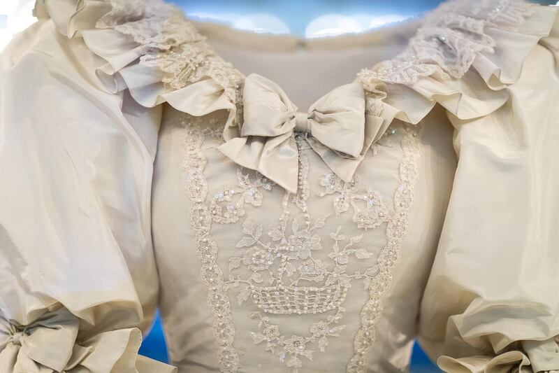 A detailed shot of the wedding dress, which then-Lady Diana Spencer wore to marry Prince Charles at St Paul's Cathedral, London, on July 29, 1981. Getty Images