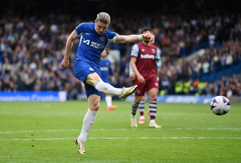 Conor Gallagher volleys home Chelsea's second goal. Getty Images