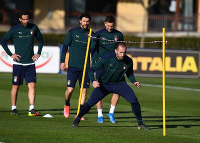 FLORENCE, ITALY - MARCH 23: Giorgio Chiellini attendsan Italy training session at Centro Tecnico Federale di Coverciano on March 23, 2021 in Florence, Italy. (Photo by Claudio Villa/Getty Images)