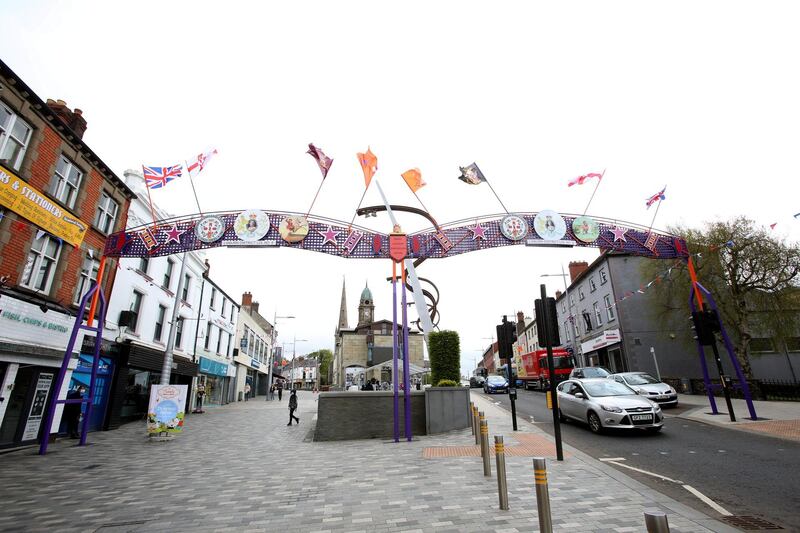 Lisburn 11 May 2021. The Orange Order Arch spans Lisburn City Centre in Northern Ireland.The Twelfth is an Ulster Protestant celebration held on 12 July. It was first held in the late 18th century in Ulster. It celebrates the Glorious Revolution and victory of Protestant King William of Orange over Catholic King James II at the Battle of the Boyne, which began the Protestant Ascendancy in Ireland. Photo/Paul McErlane