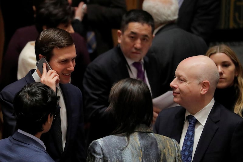 White House senior adviser Jared Kushner speaks with United States Ambassador to the United Nations (UN) and lawyer Jason Greenblatt (R) before a meeting of the United Nations (UN) Security Council at UN headquarters in New York, U.S., February 20, 2018. REUTERS/Lucas Jackson - RC17D0A394C0