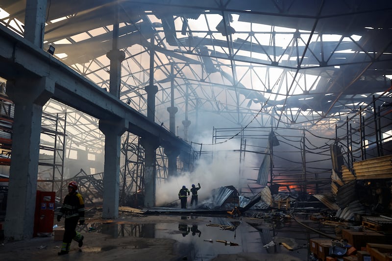 A warehouse in the Ukrainian capital was heavily damaged in the Russian attack. Reuters