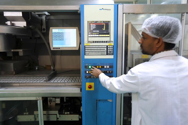 RAK , UNITED ARAB EMIRATES : July 8 , 2013 - Packing of the tablets in the J 1 unit at Gulf Pharmaceutical Industries in Ras Al Khaimah. In this J 1 unit they are making tablet and capsule medicine. ( Pawan Singh / The National ) . For Business.