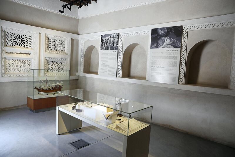 SHARJAH , UNITED ARAB EMIRATES , APRIL 24  – 2018 :- View of the pearl museum at the Bait Al Naboodah which was built around 1845 is one of the Sharjah’s most stunning heritage buildings. Once the home of Obaid Al Naboodah , one of Sharjah’s most successful pearl merchants, the grand two storey building has undergone extensive renovation to return it to its former glory in the heart of old Sharjah. ( Pawan Singh / The National ) For Arts & Life. Story by Melissa Gronlund 