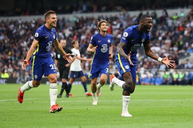 LONDON, ENGLAND - SEPTEMBER 19: Antonio Rudiger of Chelsea celebrates scoring the third goal during the Premier League match between Tottenham Hotspur and Chelsea at Tottenham Hotspur Stadium on September 19, 2021 in London, England. (Photo by Catherine Ivill / Getty Images)
