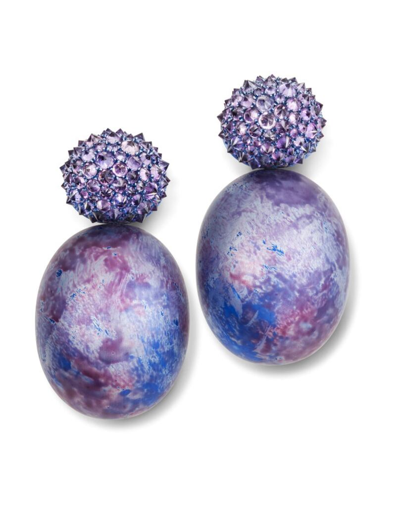 Purple sapphire and aluminium earrings from Hemmerle, part of the We Are All Beirut auction by Christie's