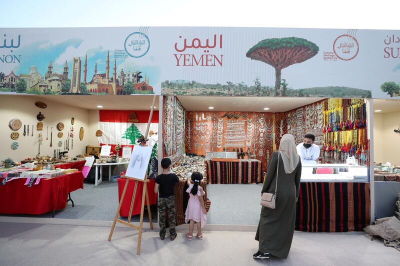 Sharjah, United Arab Emirates - Reporter: Razmig Bedirian. Arts. Visitors walk round the Yemeni section at the Heart of Sharjah for Sharjah Heritage Days. Monday, March 22nd, 2021. Sharjah. Chris Whiteoak / The National