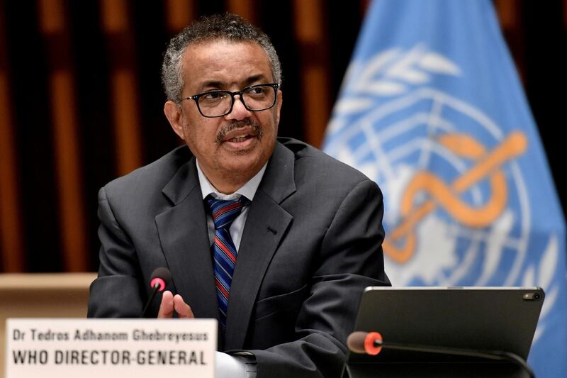 FILE PHOTO: World Health Organization (WHO) Director-General Tedros Adhanom Ghebreyesus attends a news conference in Geneva Switzerland July 3, 2020. Fabrice Coffrini/Pool via REUTERS/File Photo