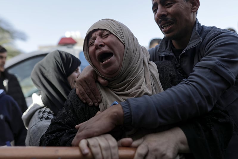 A Palestinian mother mourns outside Nasser Hospital in Khan Younis, in the southern Gaza Strip. EPA