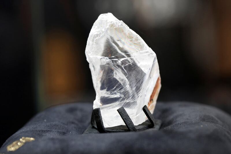 FILE PHOTO --  Jewellery company de Grisogono displays the Constellation rough diamond, measuring over six centimetres wide during a news conference in Paris, France, September 9, 2016. De Grisogono purchased for USD63 million The Constellation weighs 813-carats that was discovered by Canadian company, Lucara Diamond, at its Karowe mine in Botswana in November 2015 and presented by the company as the world's most expensive rough diamond.   REUTERS/Charles Platiau/File Photo
