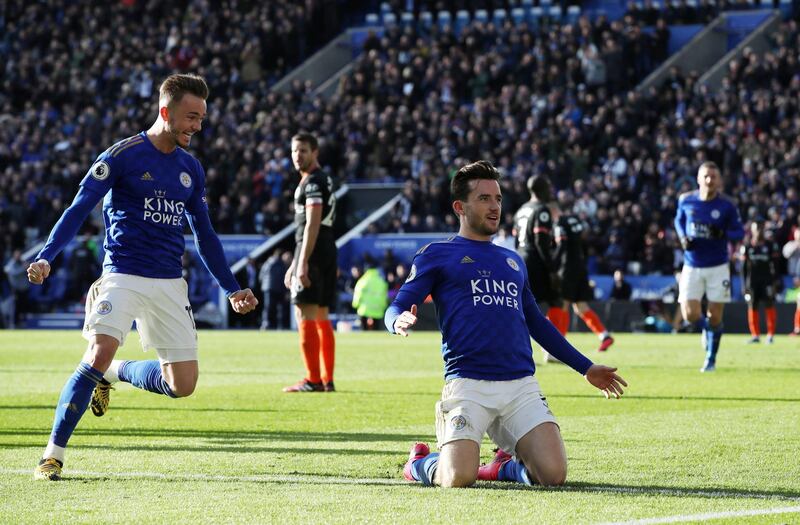 Leicester City's Ben Chilwell celebrates scoring their second goal against Chelsea. Reuters