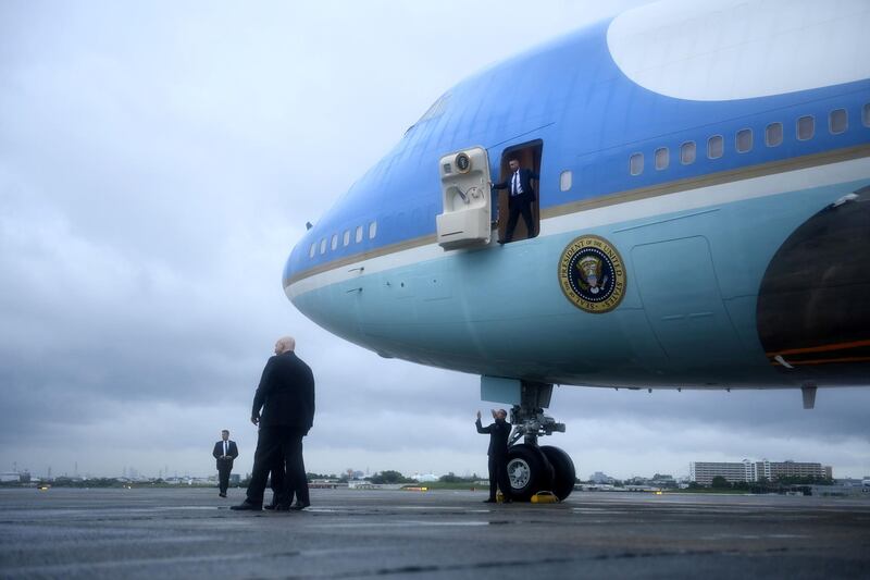Air Force One carrying US President Donald Trump arrives at Osaka International Airport in Itami, Hyogo prefecture ahead of the G20 Summit. AFP