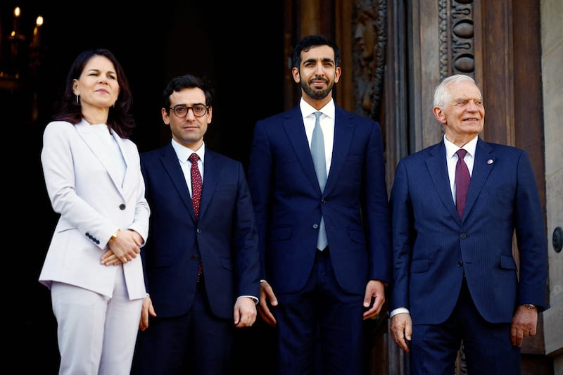 From left, German Foreign Minister Annalena Baerbock, French Foreign Minister Stephane Sejourne, Sheikh Shakhbout bin Nahyan, UAE Minister of State, and EU foreign policy chief Josep Borrell at an international conference on Sudan at the Quai d'Orsay in Paris. AFP
