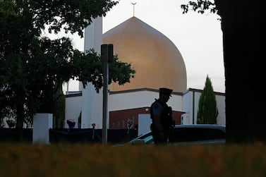 A police officer stands guard in front of the Al Noor mosque in Christchurch, New Zealand. AP