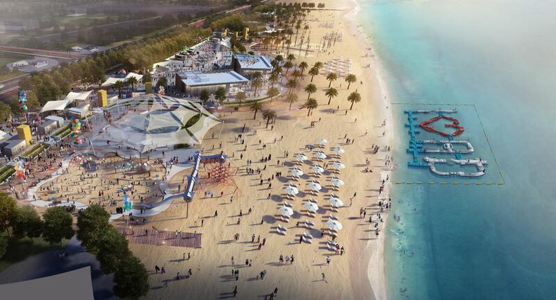 Rendering of beachfront community space A’L BAHAR. Courtesy Miral