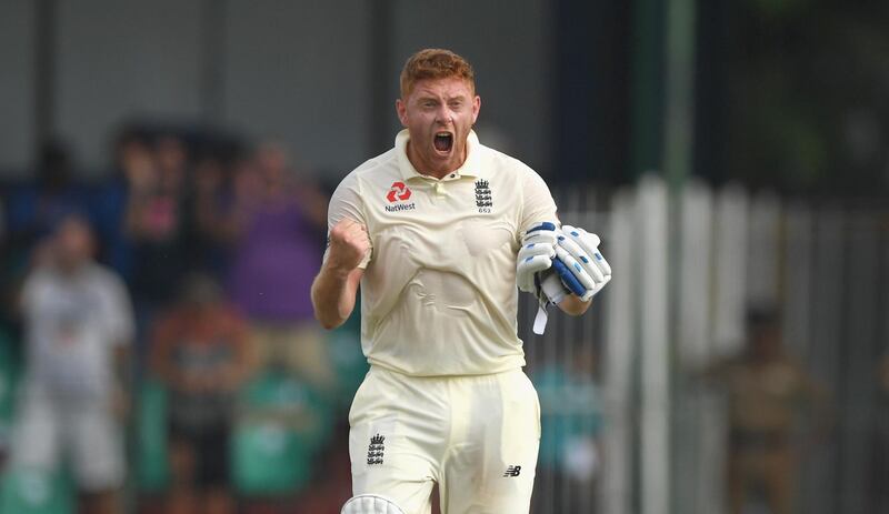 COLOMBO, SRI LANKA - NOVEMBER 23:  England batsman Jonny Bairstow celebrates after reaching his century during Day One of the Third Test match between Sri Lanka and England at Sinhalese Sports Club on November 23, 2018 in Colombo, Sri Lanka.  (Photo by Stu Forster/Getty Images)