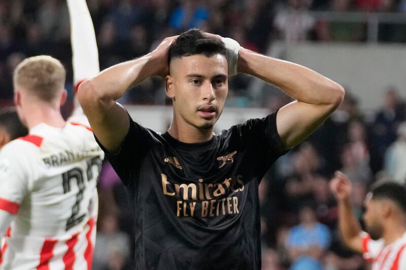Arsenal's Gabriel Martinelli reacts after missing an opportunity to score. AP