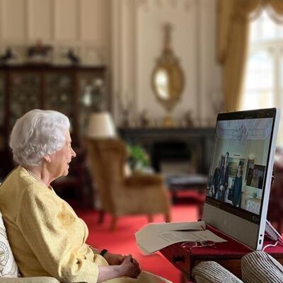 Queen Elizabeth at Windsor Castle, holding a virtual audience on Tuesday. PA