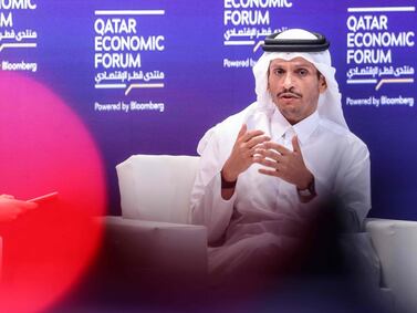 Qatari Prime Minister Mohammed bin Abdulrahman Al-Thani gives an interview at the Qatar Economic Forum in Doha on May 14, 2024.  (Photo by KARIM JAAFAR  /  AFP)