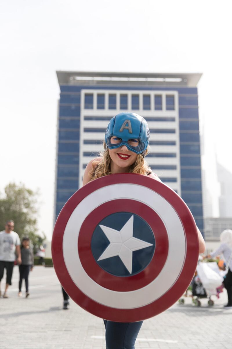 DUBAI, UNITED ARAB EMIRATES - APRIL 7, 2018. 

A girl in Captain America costume at the Middle East Film and Comic Con.

(Photo by Reem Mohammed/The National)

Reporter:
Section: NA