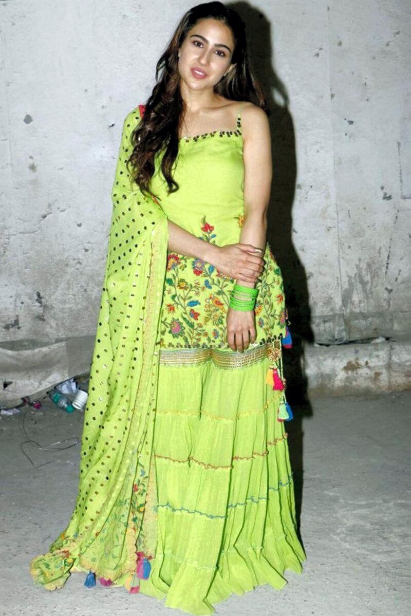 Sara Ali Khan in a lime green skirt and long choli from Sukriti & Aakriti 