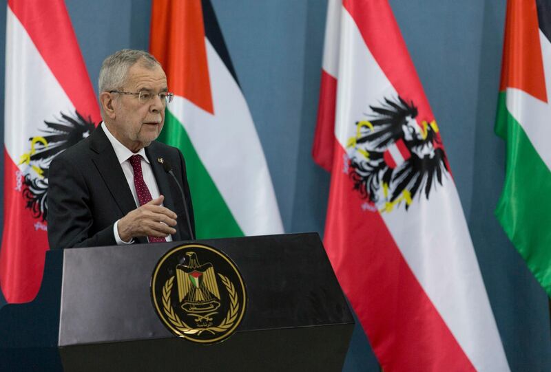 Austrian President Alexander Van Der Bellen speaks at a press conference in Ramallah, West Bank. AP Photo
