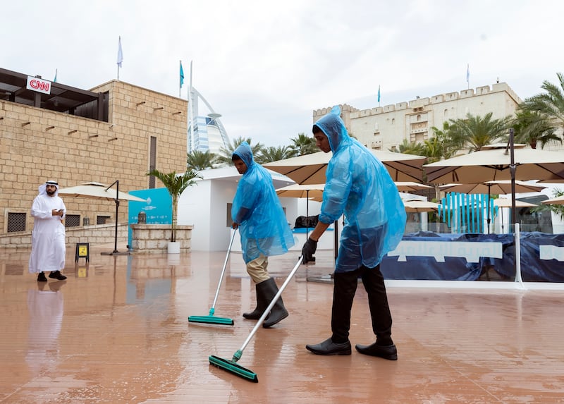 The clean-up operation was under way at Madinat Jumeirah, which hosts the World Governments Summit until Wednesday. Chris Whiteoak / The National

