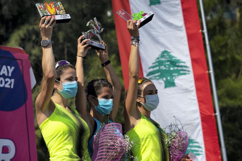 Chirine Njeim celebrates winning the Beirut Marathon Association 10K Women's Race on Sunday May 23 in Beirut, Lebanon (Matt Kynaston).