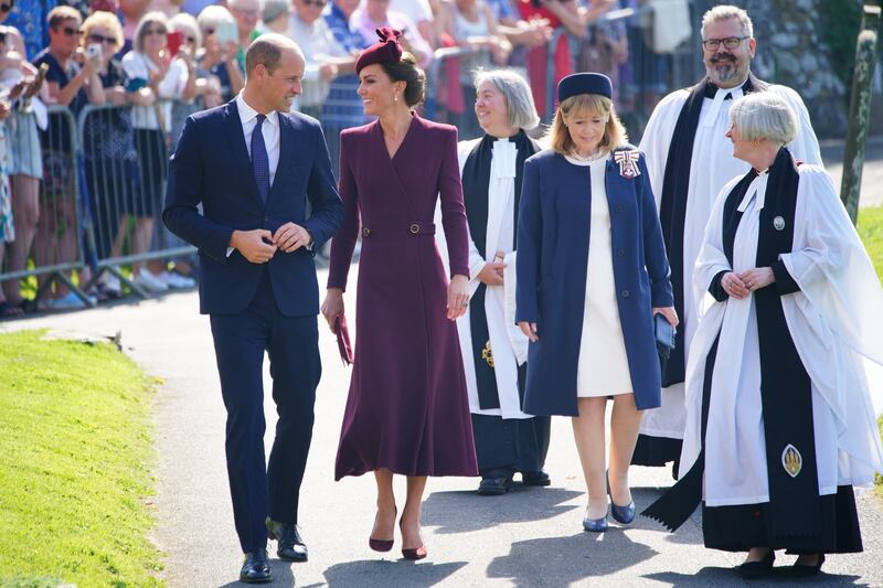 Prince William and Catherine, Princess of Wales arrive at St Davids Cathedral in Pembrokeshire, west Wales, to commemorate the life of the late Queen Elizabeth with a small private service. PA